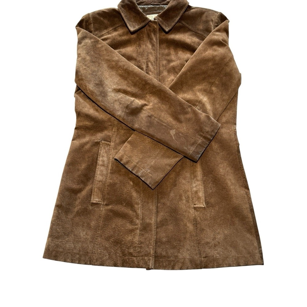 Vintage Brown Suede Leather Jacket Mid Length Coat Pointed Collar Chocolate M - Picture 7 of 9